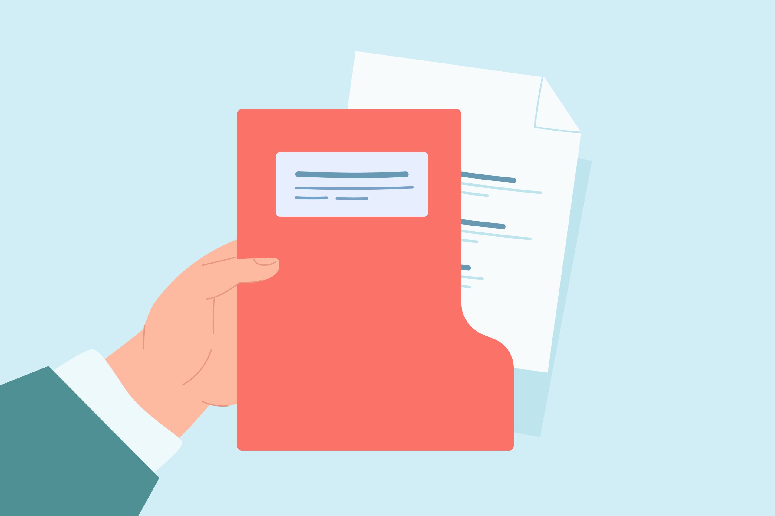 Mano sosteniendo carpeta con documentos - ilustración vectorial